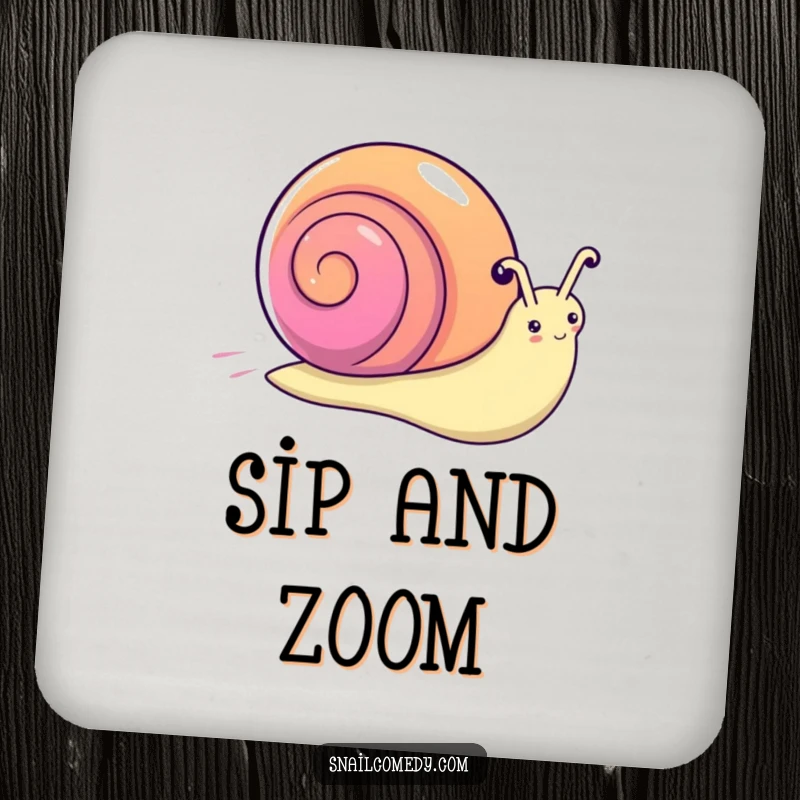 Funny kawaii snail drink coaster, a snail with a rainbow shell zooming, adding speed and color.