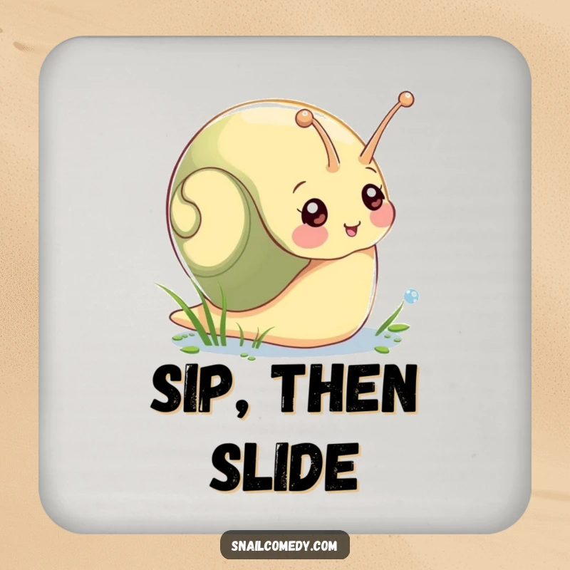 Funny drink coaster with a joyful snail character reaching for a sparkling morning dew drop, protecting surfaces with cute art.