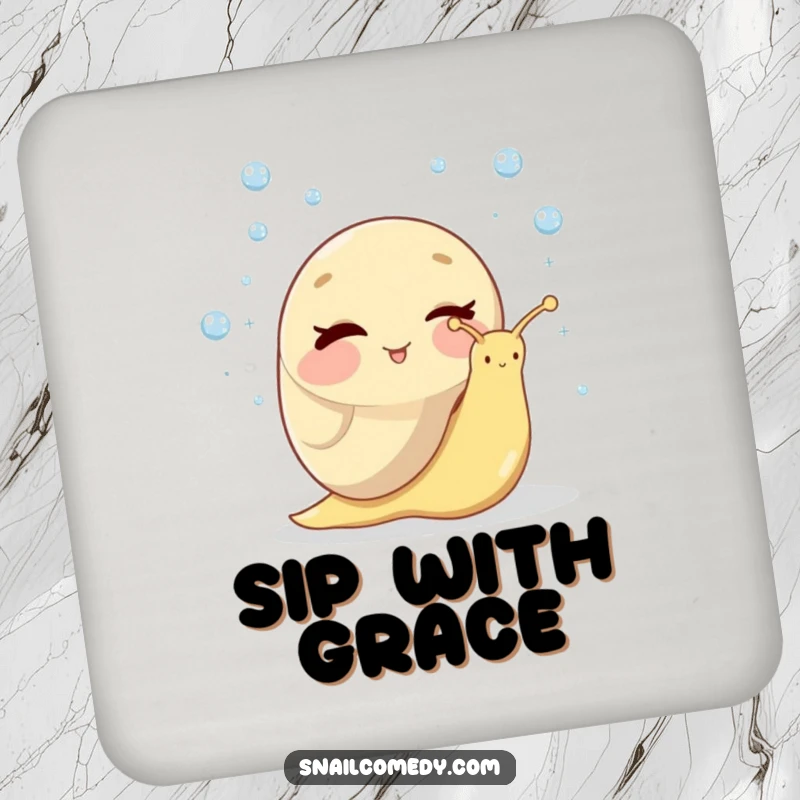 Funny drink coaster set featuring a winking snail juggling tiny dewdrops, adding a humorous and protective touch to any table.