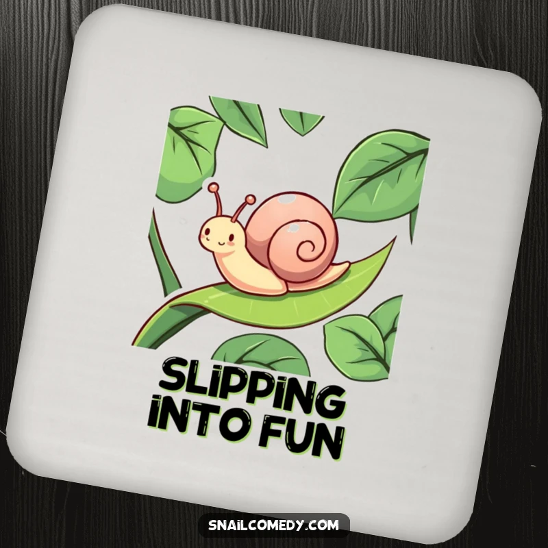 Funny snail character sliding with pure delight down a slippery leaf, featured on a drink coaster for a humorous table accent.