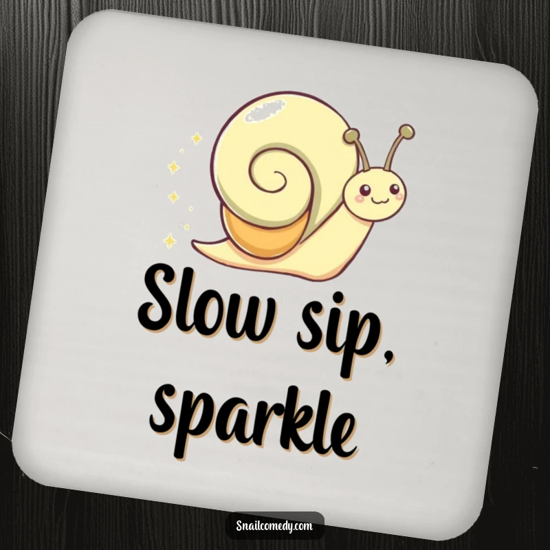 Funny Coaster with a gleeful snail character leaving its signature sparkly trail.
