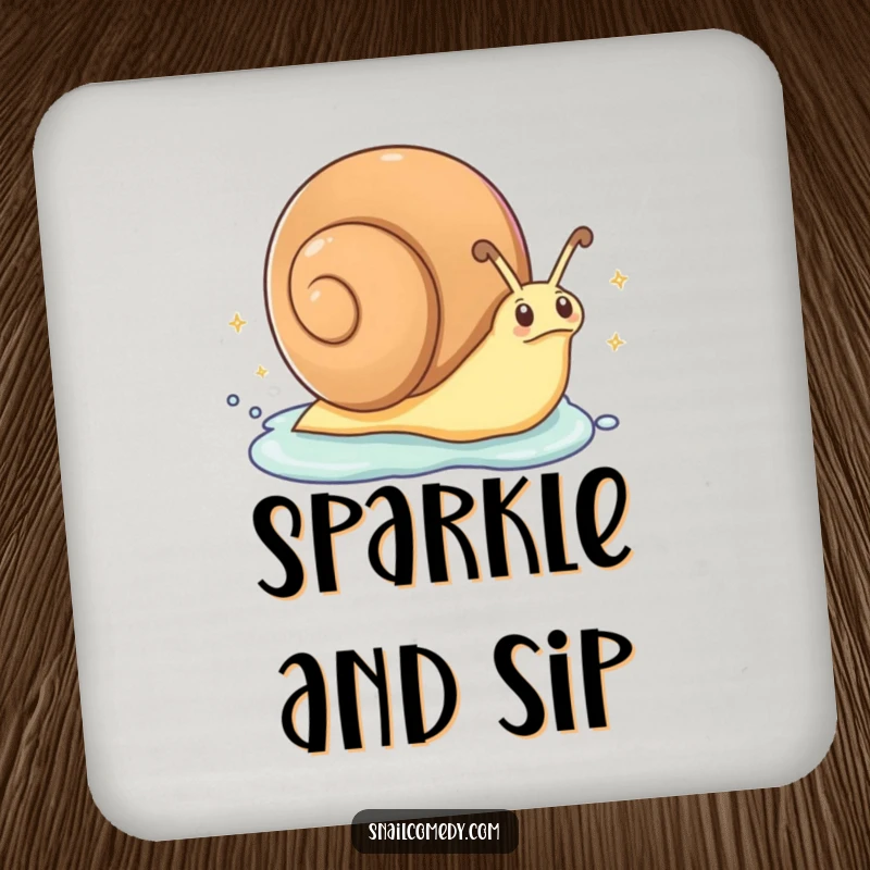 Funny Coasters: An excited snail zips along, leaving a trail of sparkling slime, adding a humorous and protective touch to surfaces.