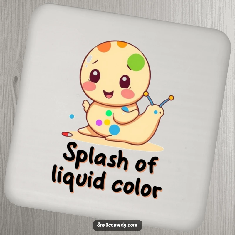 Funny snail coaster featuring a snail painting a colorful dot, a protective and whimsical addition to any table.