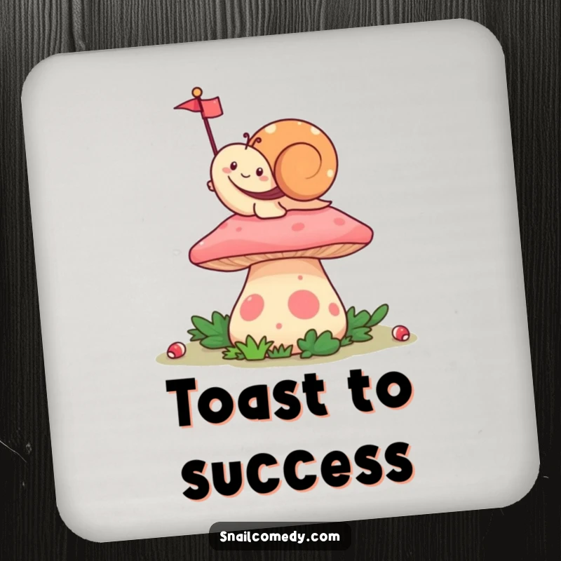 Funny Waving Kawaii Snail Coaster, happily waving a tiny flag from atop a mushroom, offering humorous and playful protection for surfaces.