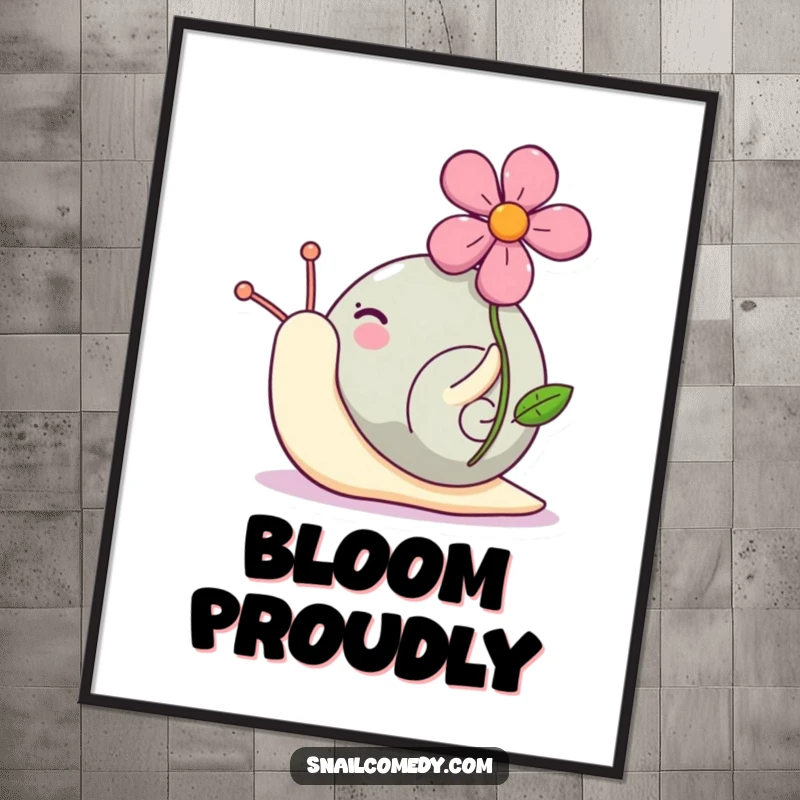 Funny Kawaii snail poster print of a cute snail excitedly carrying a bright flower on its shell with a look of proud joy.