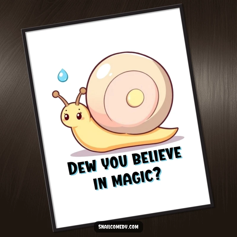 Funny kawaii snail with a shy smile, offering a glistening dewdrop, charming and humorous wall art poster.