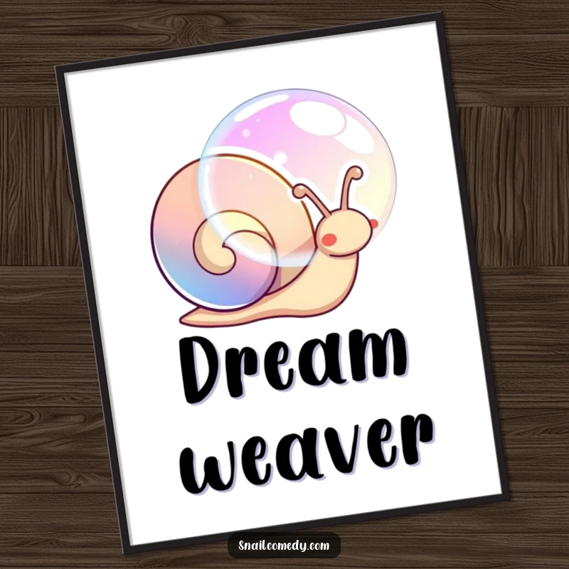 Funny wall art poster of a kawaii snail blowing a large, beautiful, iridescent bubble.