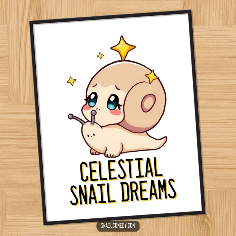 Funny poster featuring a snail in quiet contemplation, gazing up at a sky full of stars. Dreamy art.