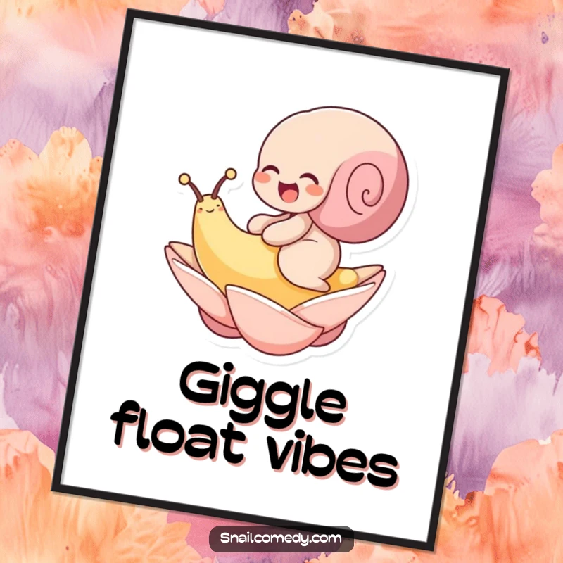 Funny poster featuring a snail joyfully giggling while floating on a petal. Whimsical and cheerful art.