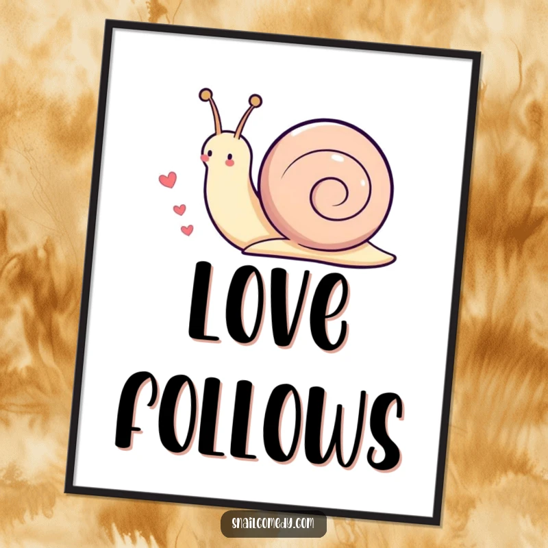 Funny Kawaii snail poster print of a cute snail playfully leaving a trail of little hearts as it moves, adding romance.