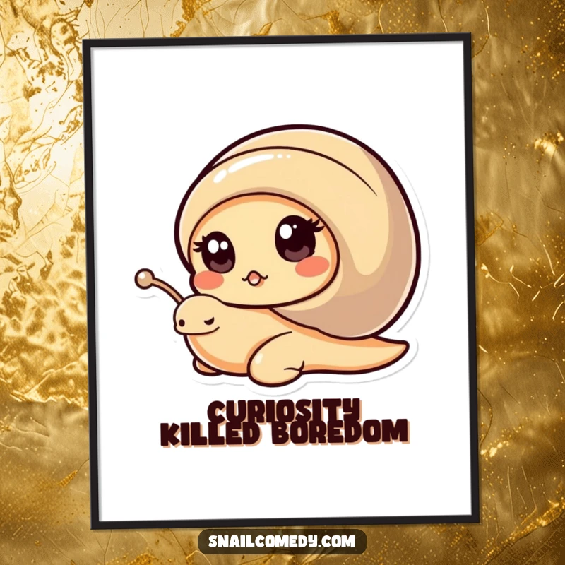 Funny Kawaii Snail Poster: Cute snail peeking from shell with curious eyes, vibrant art, perfect funny gift.