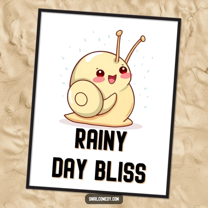 Funny Kawaii Snail Poster: Gleeful snail showering in tiny sparkling raindrops, bringing a sense of delightful, happy energy to any room.