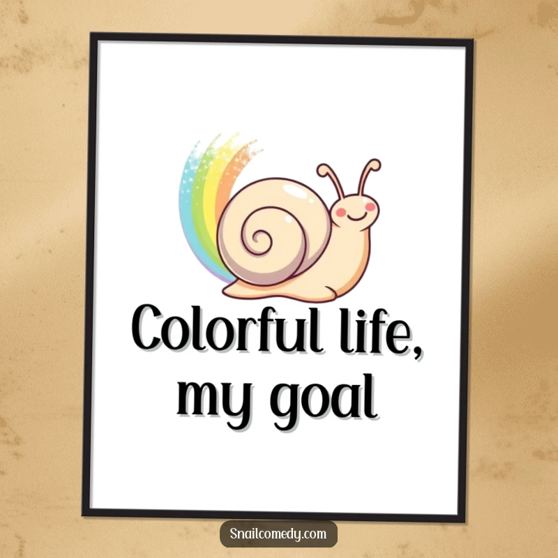 Funny happy snail leaving a shimmering rainbow trail behind on a decorative poster, a breathtaking funny gift.
