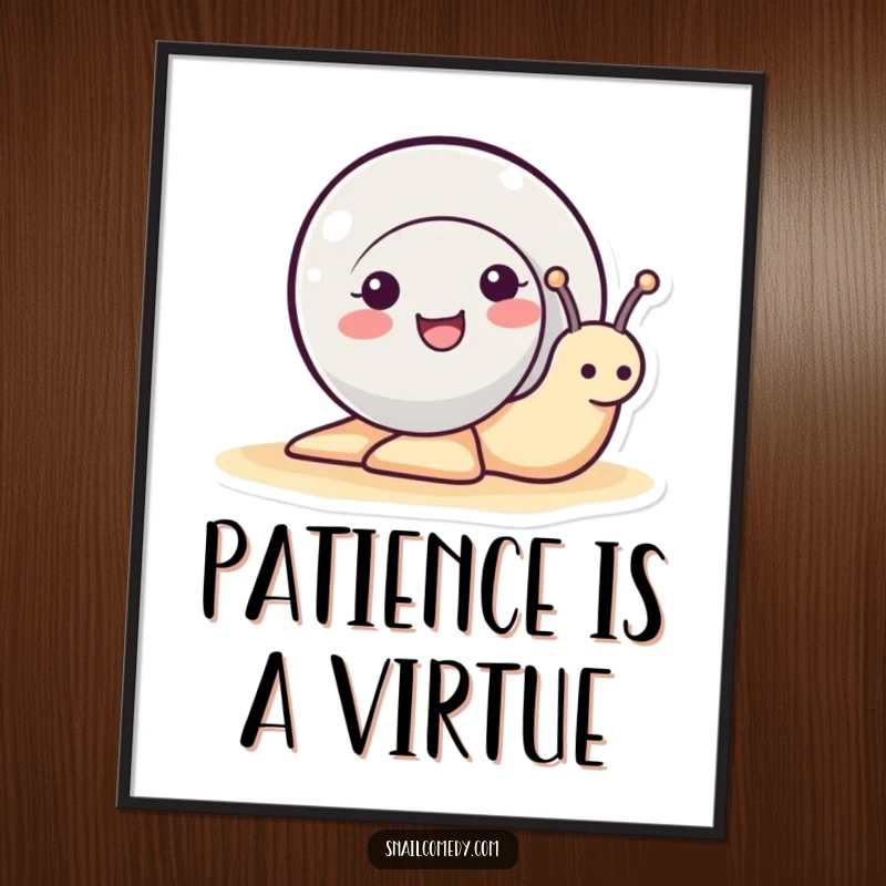 Funny cute snail peeking its head out of its shell, smiling optimistically on a vibrant poster, a great funny gift.