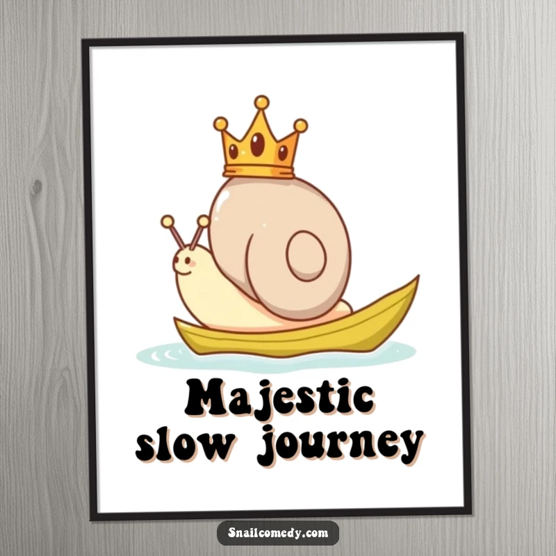 Funny Snail Poster depicting a crowned snail majestically sailing on a leaf, adding whimsical charm to wall art.