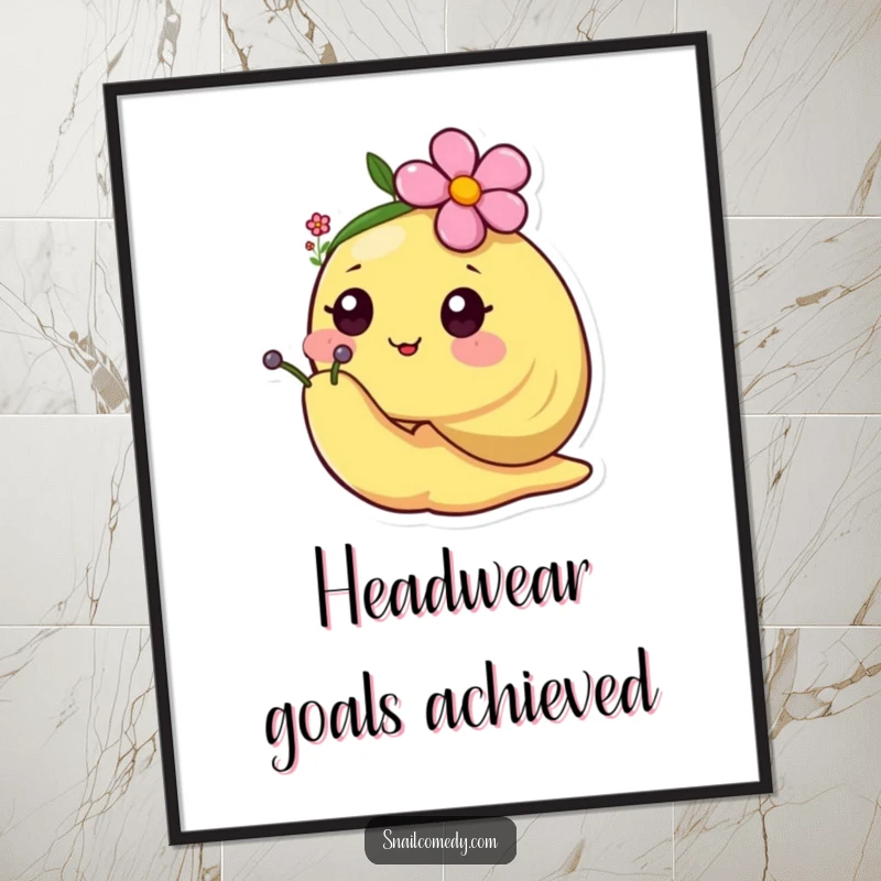 Happy kawaii snail wearing a tiny flower as a hat, digital art print for cheerful decor.