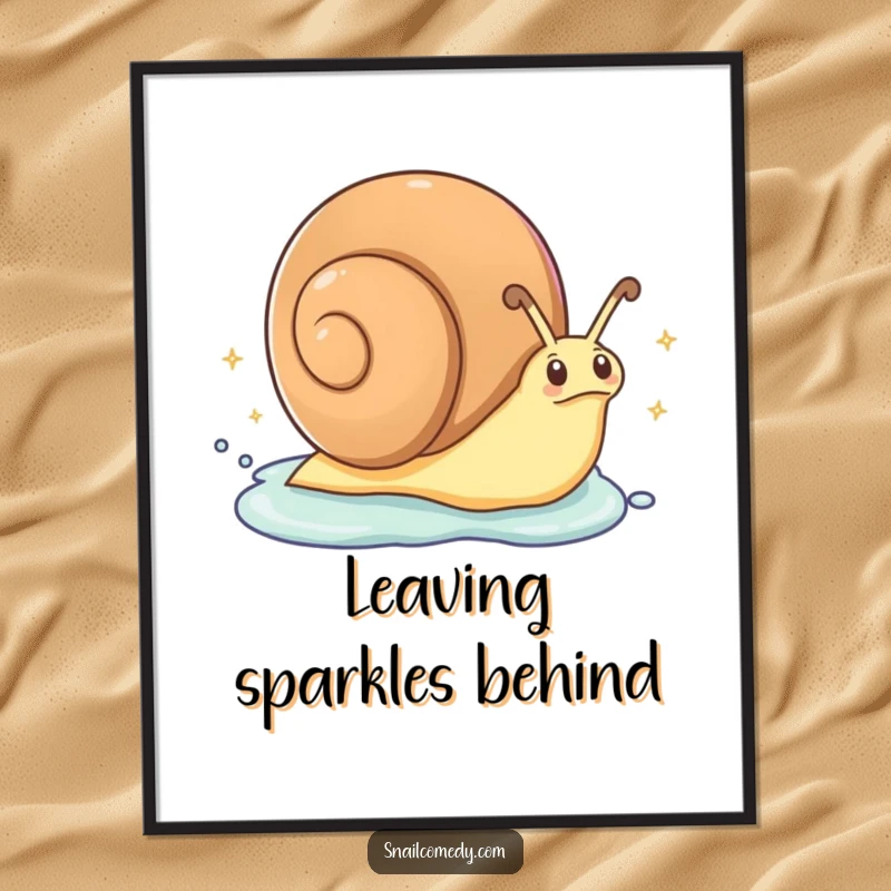 Funny Poster: An excited snail is zipping along, leaving a trail of sparkling slime, creating a dynamic and humorous piece of art.