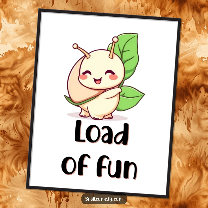 Funny snail poster, a snail character with a wide smile carries a large leaf, symbolizing happiness and abundance.