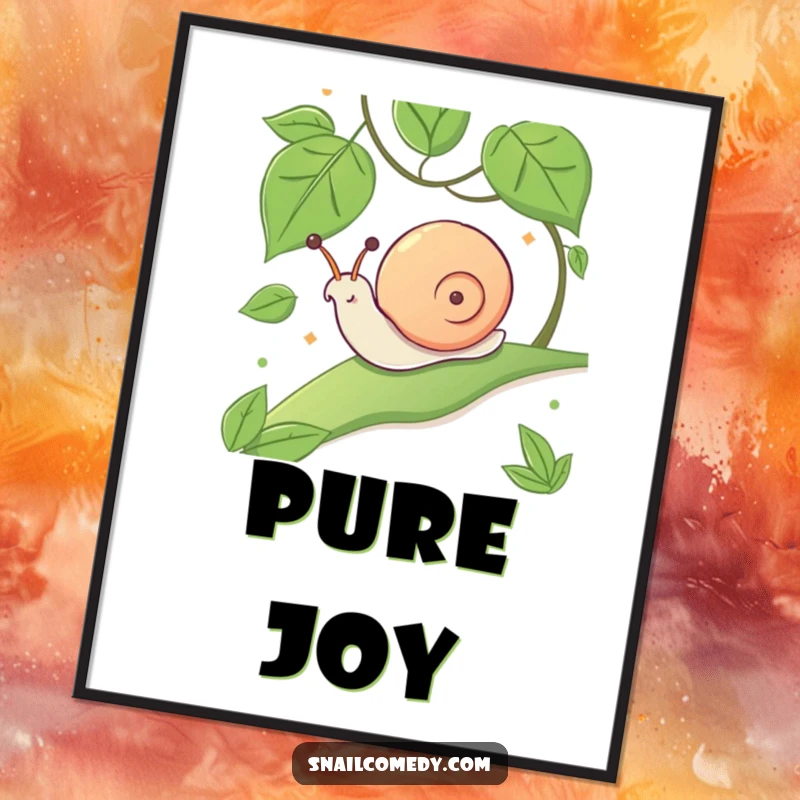 Funny wall art poster of a kawaii snail sliding down a leafy slope with a look of pure glee.