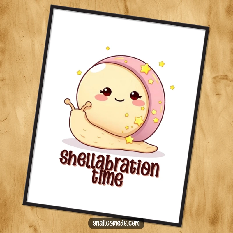 Funny snail poster showcasing a smiling snail adorning its shell with tiny, glowing stars, creating enchanting wall art.