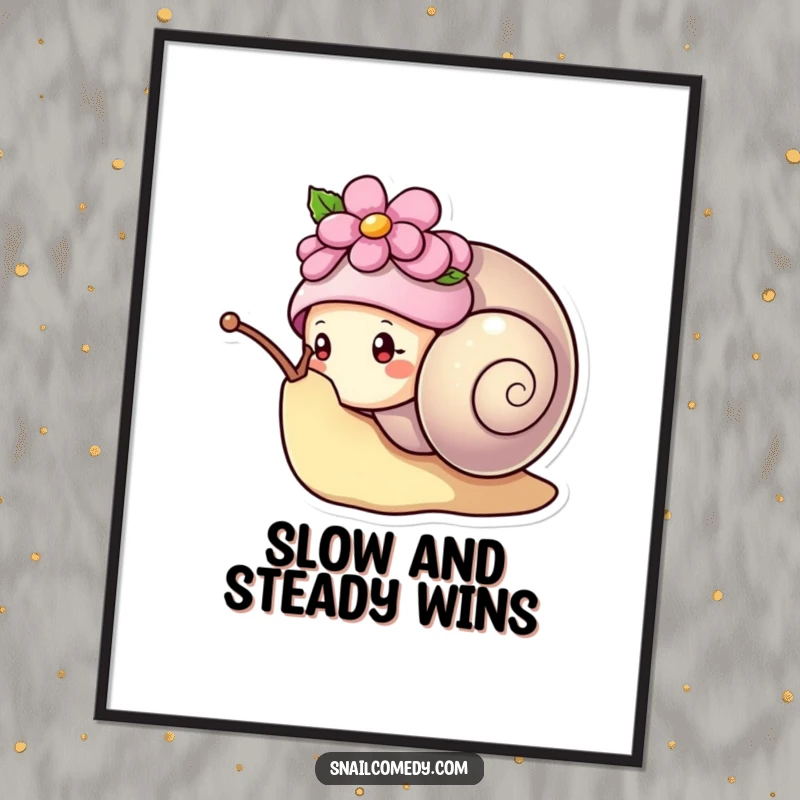 Funny kawaii snail wearing a flower hat, peeking curiously from its shell, charming and humorous wall art poster.