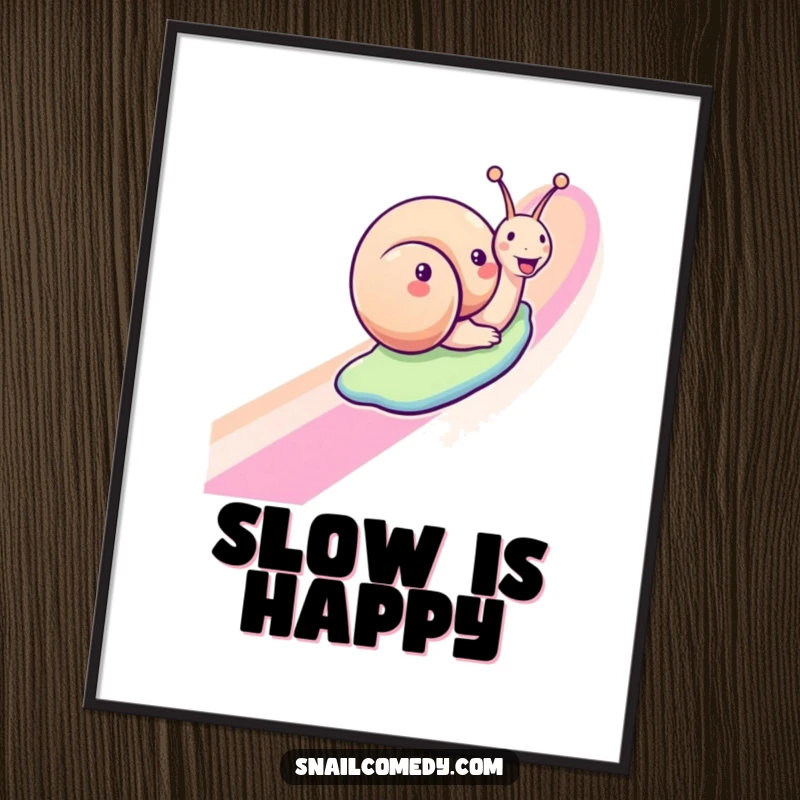 Funny snail poster featuring a joyful snail sliding down a rainbow, adding cheerful and humorous wall art.