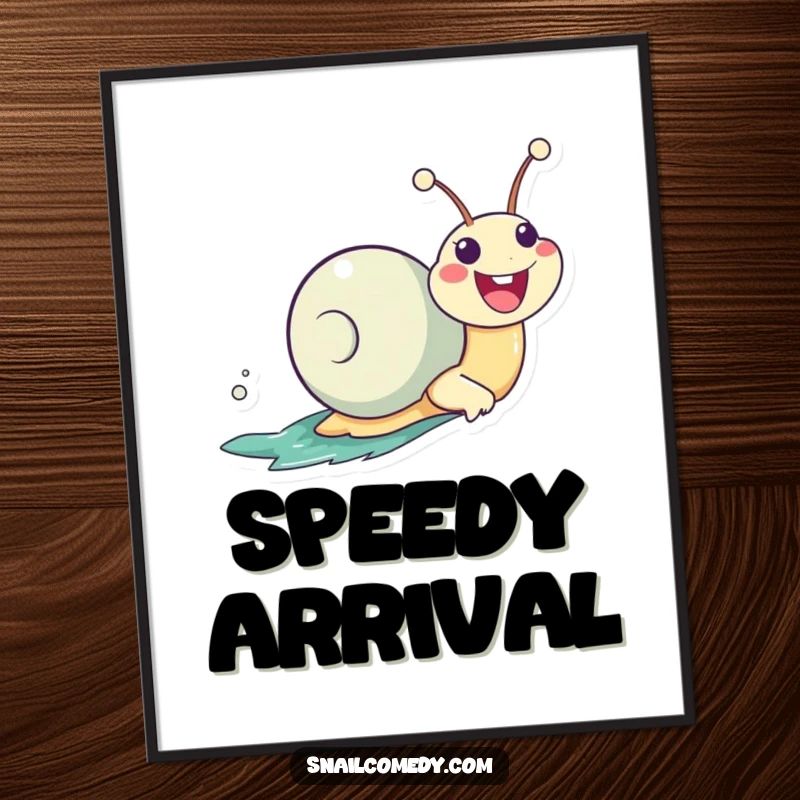 Funny Kawaii Snail Poster, zooming enthusiastically on its slime trail with a huge smile, adding cheerful and humorous artistic flair.