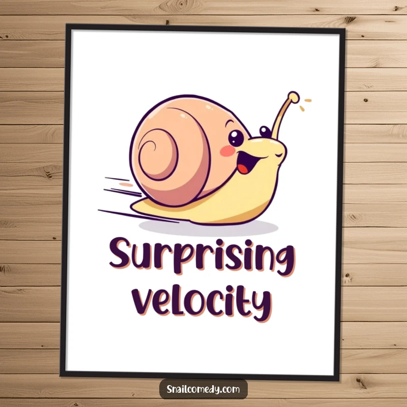 Excited kawaii snail zooming forward with surprising speed, digital art print for energetic decor.