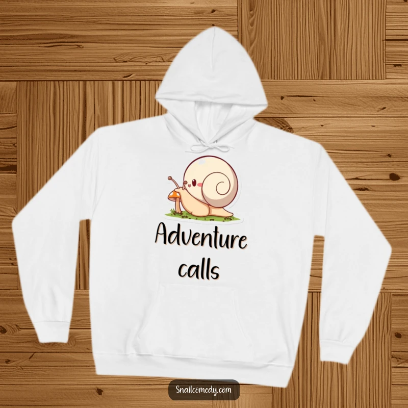 Funny snail hoodie, a snail character enthusiastically explores a tiny mushroom, offering cozy comfort for adventurers.