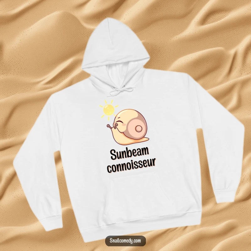Funny hoodie with a content snail character basking in a sunbeam, eyes closed peacefully, perfect for cozy and serene wear.
