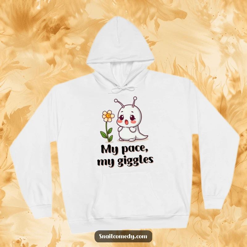 Funny hoodie: a startled snail meets an amused, giggling flower, ideal for cozy, humorous wear.