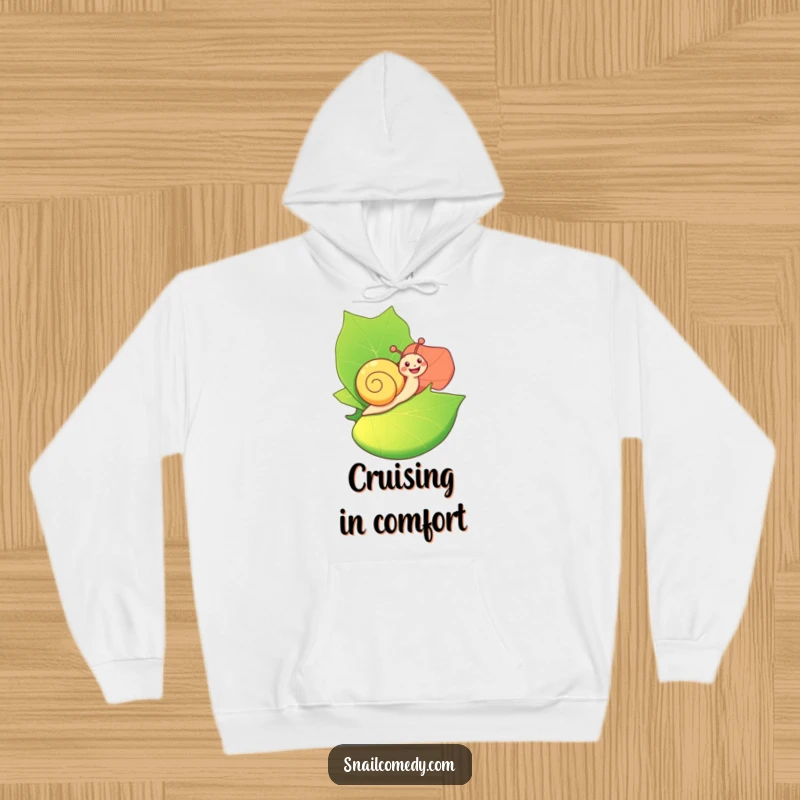 Funny Hoodie: A happy snail joyfully rides on a giant, colorful leaf, offering a warm and whimsical design for comfort.