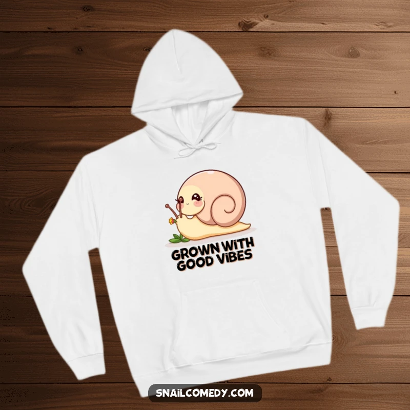 Funny playful snail nudging a tiny flower bud with its head on a warm hoodie, a heartwarming funny gift.