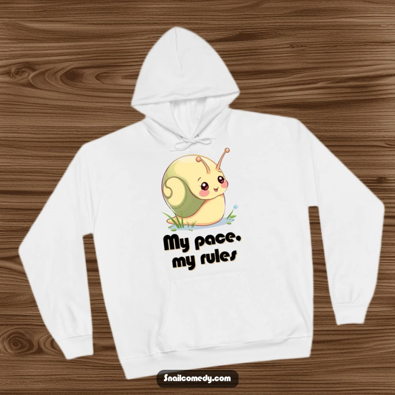 Funny hoodie depicting a contented snail with a smile, reaching a tentacle towards a glistening drop of morning dew.