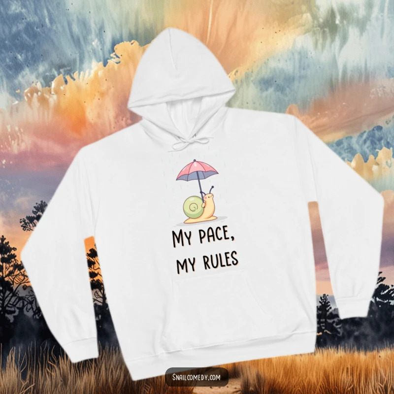 Funny snail under a tiny umbrella, depicted on a cozy hoodie, perfect for staying dry and humorous, a great funny gift.