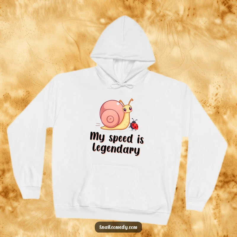 Funny hoodie with a snail character in a joyful race against a smaller ladybug, capturing a lighthearted competition.