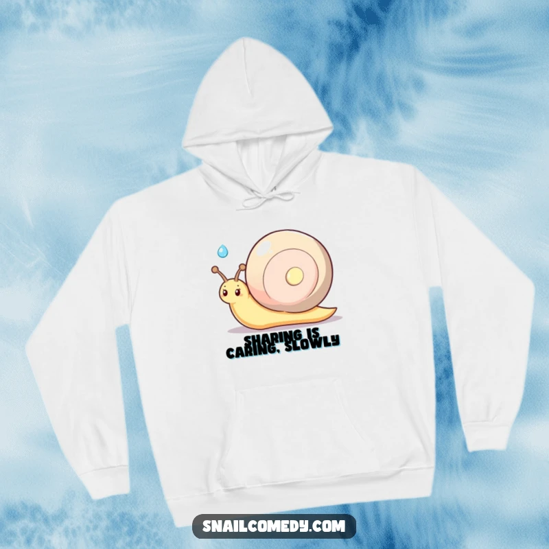 Funny kawaii snail with a shy smile, offering a glistening dewdrop, comfortable and humorous hoodie.
