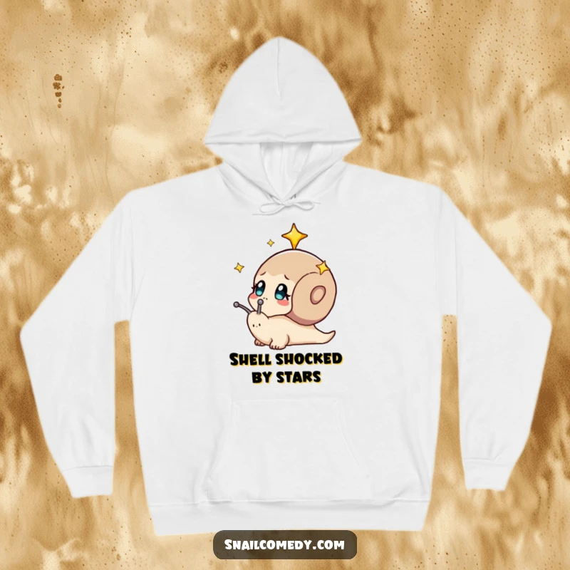 Funny hoodie featuring a snail curiously observing a beautiful starry sky. Cozy and contemplative.