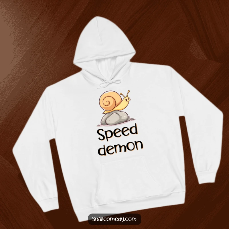 Funny warm hoodie with a kawaii snail impressively leaping over a small pebble, showcasing unexpected agility.