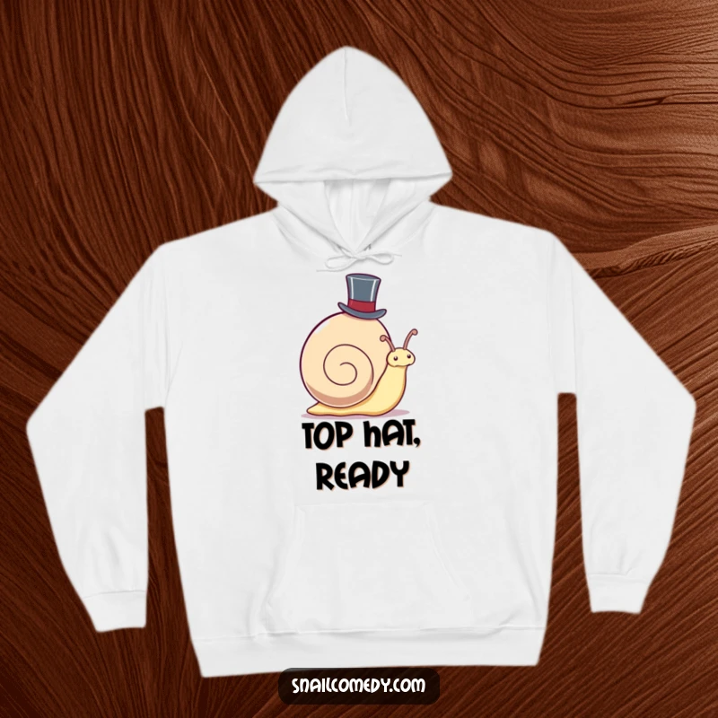 Funny Hoodie: Kawaii snail wearing a top hat, peeking out with a smile, perfect for cozying up in style.