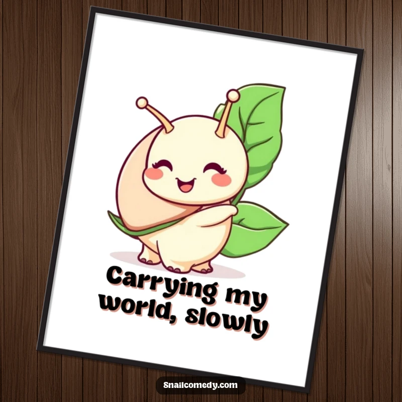Funny Free Printable Wall Art: Snail character with a wide smile carries a large leaf, bringing cheerful, humorous energy.