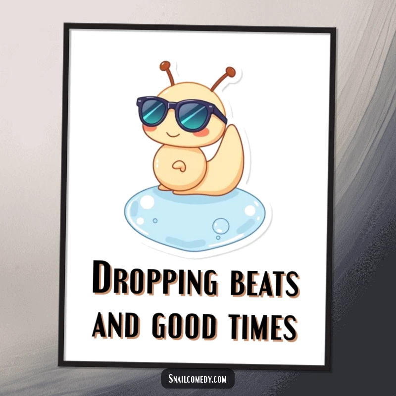 Funny Free Printable Wall Art: A snail sports sunglasses while floating on a water drop, embodying ultimate cool, downloadable decor.
