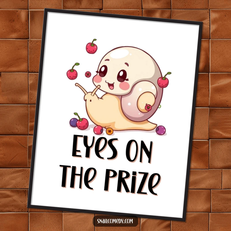 Funny Free Printable Wall Art: A snail juggles tiny berries with its eye stalks, showcasing amusing dexterity.