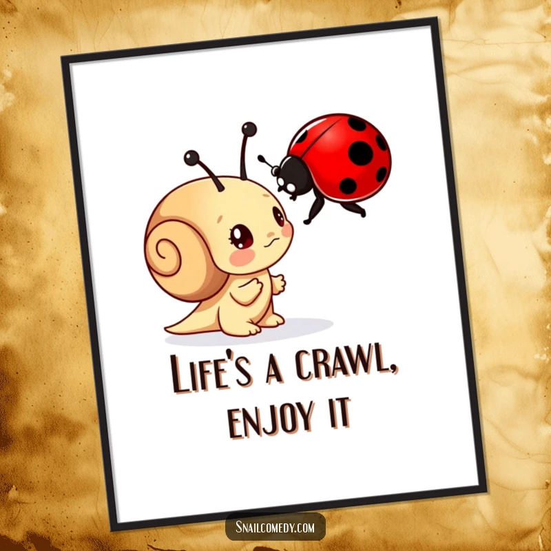 Funny Free Printable Wall Art: A curious snail character captivated by a vibrant ladybug, illustrating nature's small wonders.