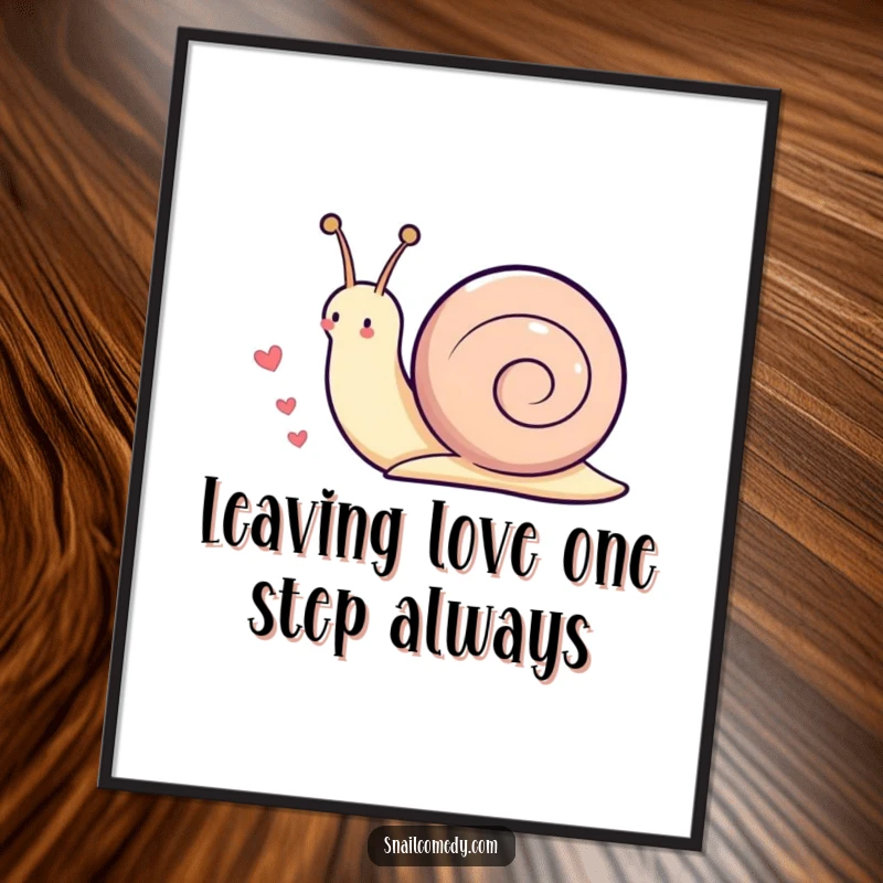Funny Free Printable Wall Art depicting a Kawaii snail playfully leaving a delightful trail of little hearts, adding charm to any room.