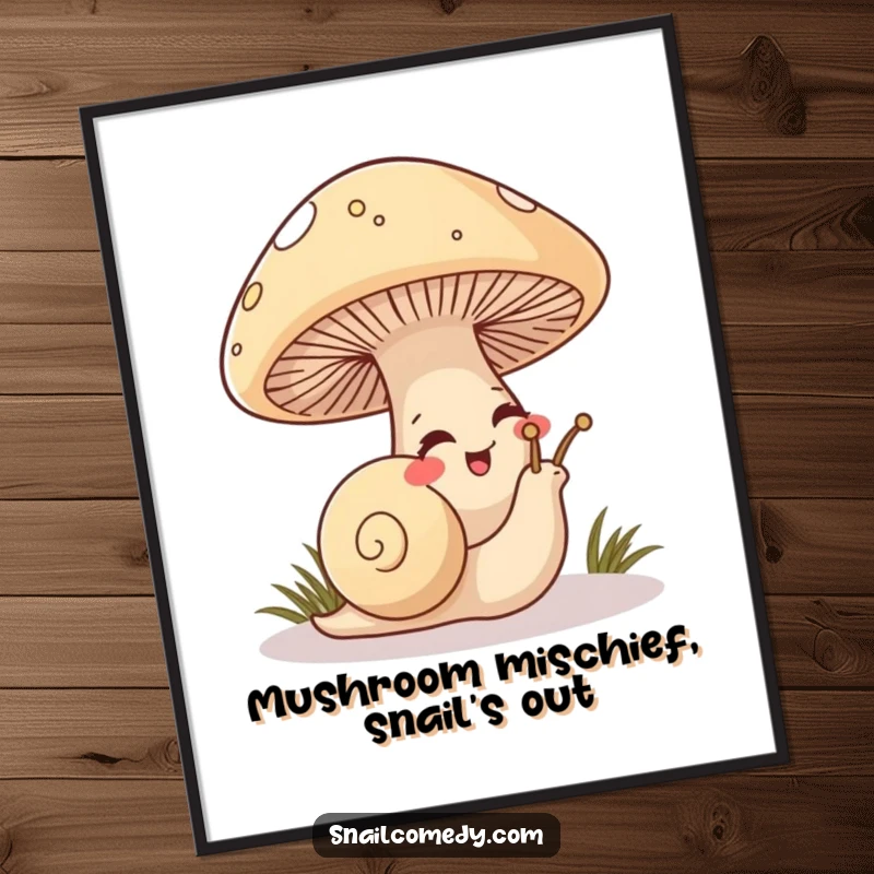 Funny Free Printable Wall Art: A mischievous snail peeks from beneath a large mushroom, its eyes sparkling with a delightful, secret giggle.