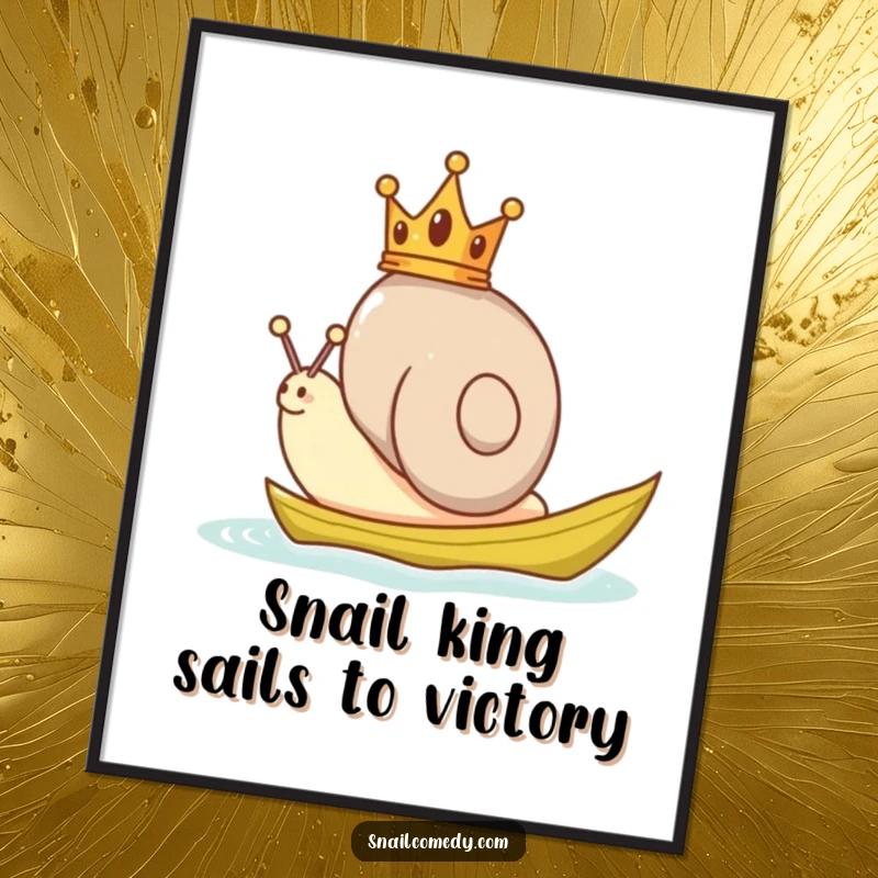 Funny Free Printable Wall Art: A playful snail wearing a tiny crown sails majestically on a green leaf boat. Whimsical adventure decor.