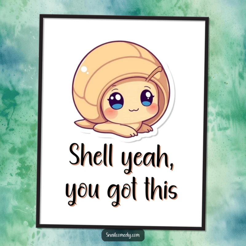 Funny Free Printable Wall Art of a Kawaii snail playfully peeking from its shell with wide, curious eyes, inviting wonder.