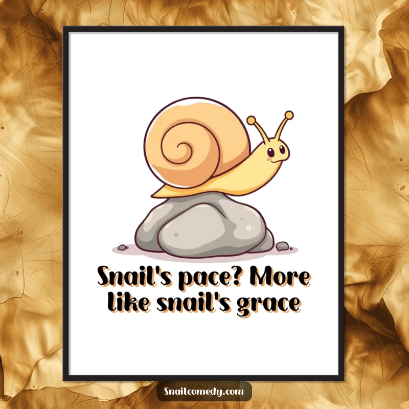 Funny Free Printable Wall Art: A kawaii snail performing an impressive, energetic leap over a tiny pebble, full of life.
