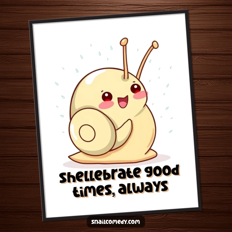 Funny Free Printable Wall Art: A kawaii snail gleefully showering itself with tiny sparkling raindrops, bringing cheerful vibes.